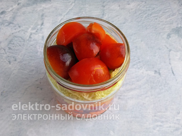 уложить дольки помидоров
